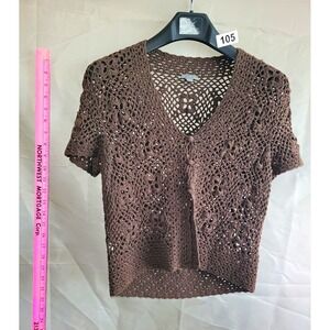 Ann Taylor Brown Floral Crochet Open-Knit V-Neck Button Cardigan Sweater L